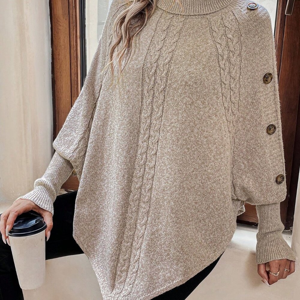 Apricot Casual Women's Turtleneck Batwing Sleeve Button Detail Cable Knit Poncho - Picture 7 of 7